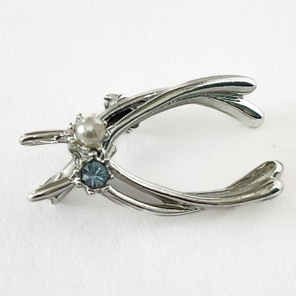 VTG Double Wishbone Brooch w/faux pearl and aquamarine - Picture 4 of 4